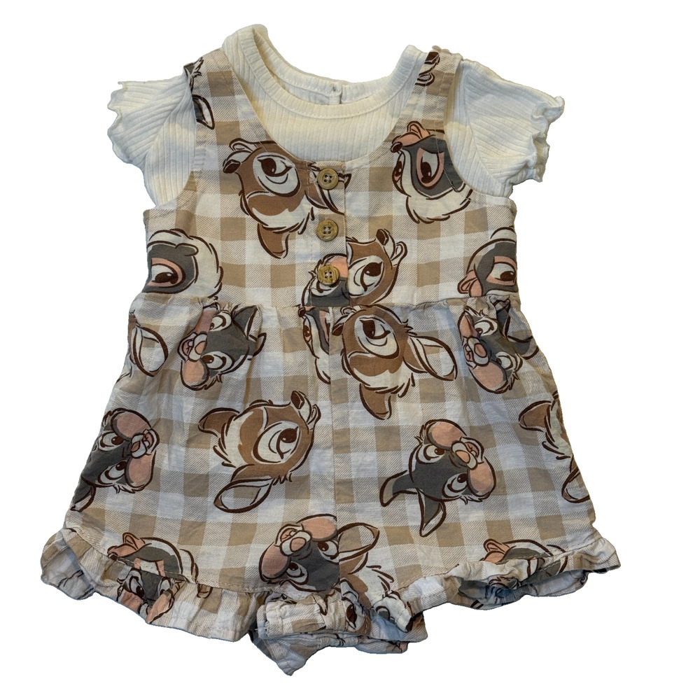 Disney Baby Bambi Thumper Gingham Bubble Romper Set Ivory Ribbed Top 3-6M